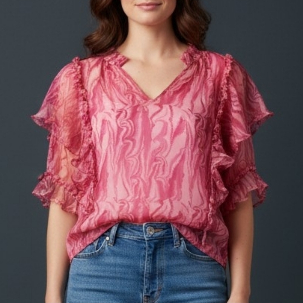 POM AMSTERDAM Y2k Fairycore Pink Sheer Cascade Sleeve Blouse
